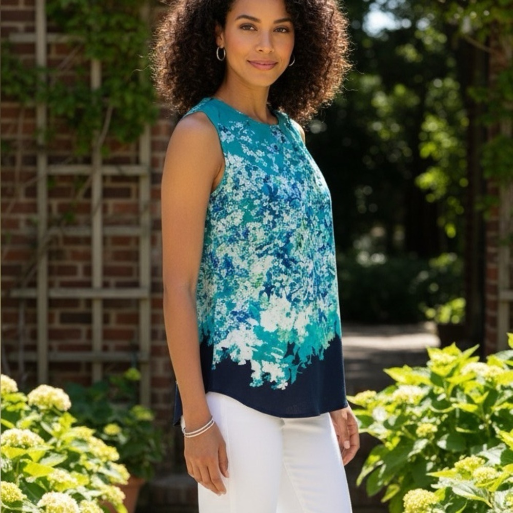New York & Company Floral Sleeveless Top - Teal and Blue